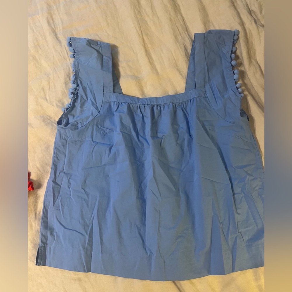 J crew sleeveless blue top with Pom Pom trim size 14